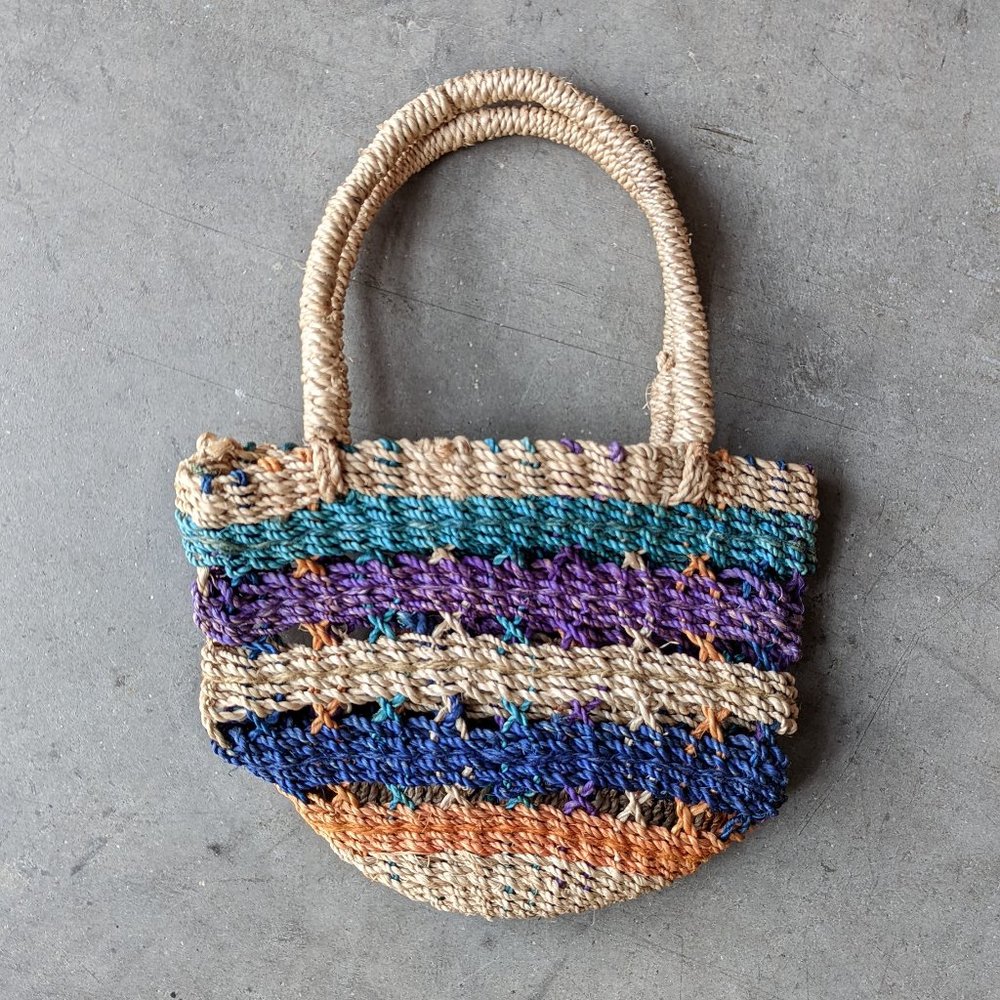 Vintage Colorful Stripe Woven Wicker Straw Mini Tote Raffia Bag